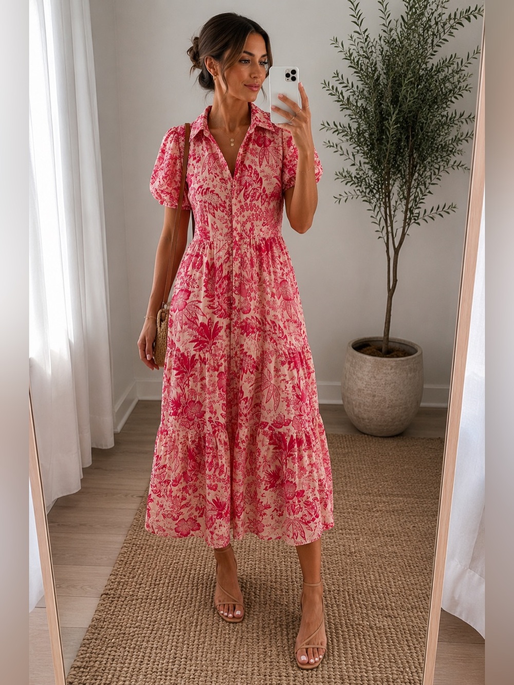 Pink Tropical Print Midi Dress Button Front Flowy Vacation Dress M